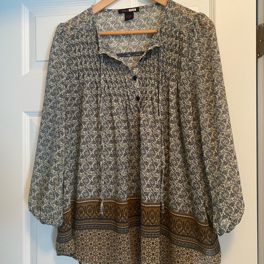 Elegant Blue and Brown Patterned Blouse